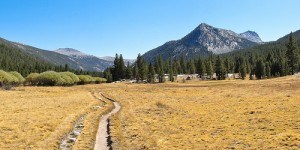 John Muir Trail and Potter Point from Lyell Canyon in late summer in Yosemite National Park