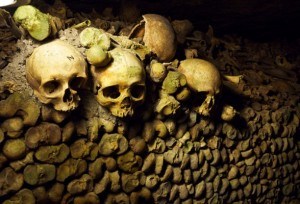 Paris catacombs skull and bone pile