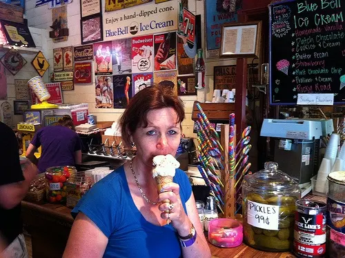 Eating Bluebell Ice Cream at Gruene General Store, New Braunfels, Texas Photo: Heatheronhertravels.com