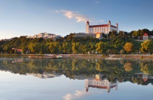 Bratislava castle with reflection in river Danube - Slovakia