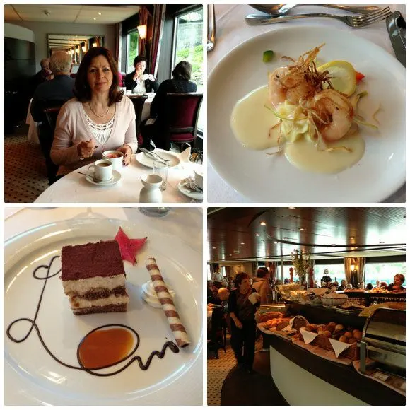 Clockwise from Top Left: Heather enjoys breakfast, an entree of prawns served for dinner, the breakfast buffet, a desert at dinner on the Amadeus Princess with Lueftner Cruises