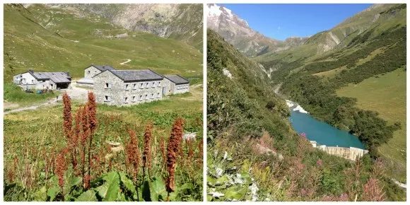 Left: Auberge de Mottets, Right: Reservoir near Chapieux on the Tour de Mont Blanc Photo: Heatheronhertravels.com