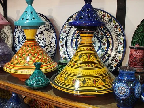Painted tagines in the Souk at Marrakech Photo: Heatheronhertravels.com