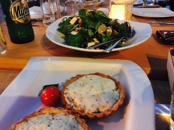 Goats cheese tart and salad with pear and walnuts at Anadalis Photo: Heatheronhertravels.com