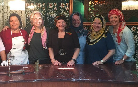 The ladies try on headscarves, Turkish style Photo: Heatheronhertravels.com