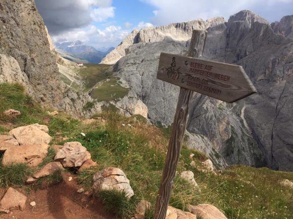 Signpost hiking in the Dolomites