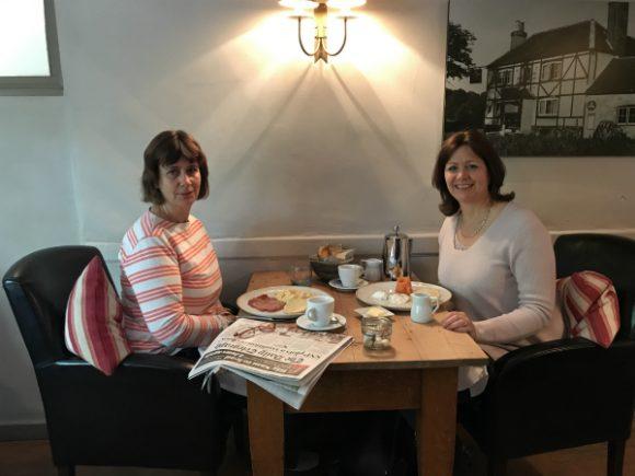 Heather and sister at breakfast Halfway Bridge Inn Sussex photo: Heatheronhertravels.com