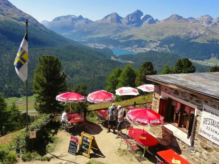 Grab lunch at Restaurant Munt da la Bês-cha and enjoy the views. Hiking in St Moritz Photo © 2018 • The Artful Passport