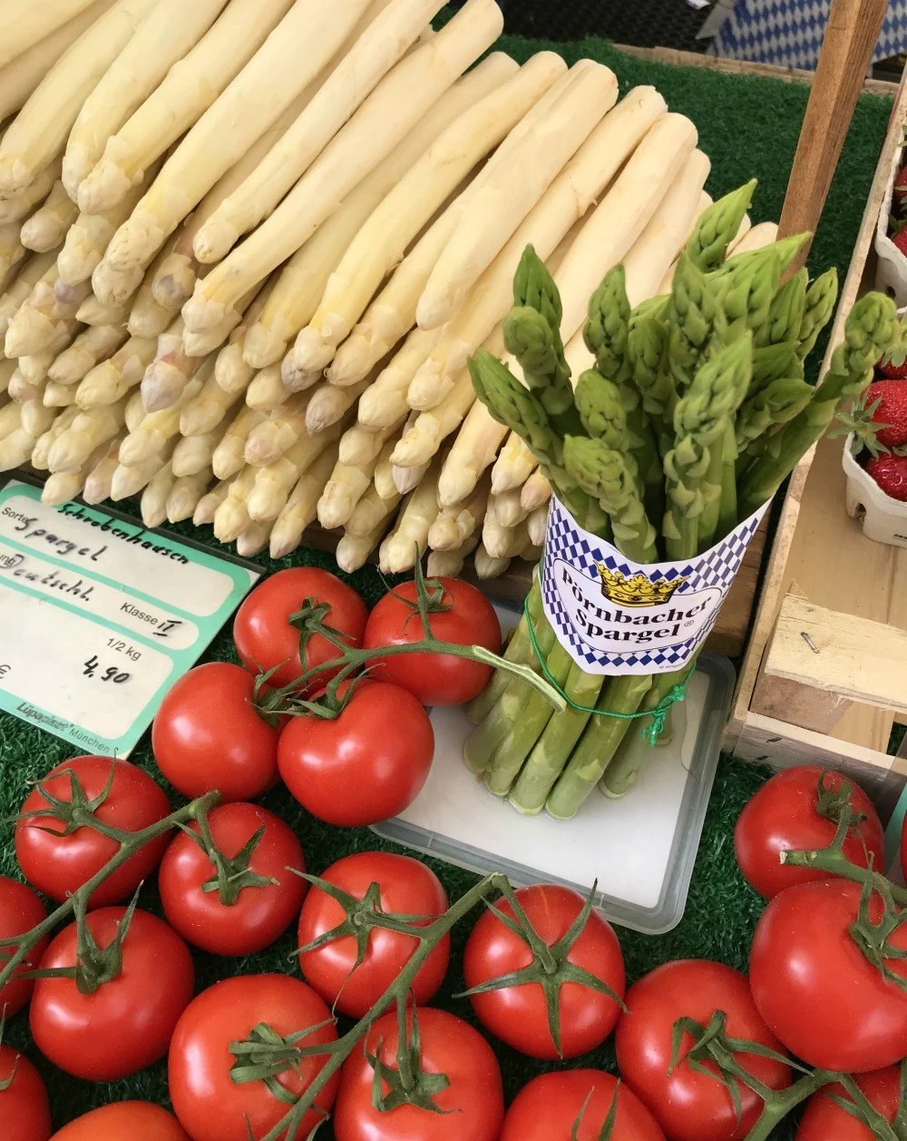 What to eat in Munich - Asparagus in the Viktualienmarkt Munich with BMI Regional Photo Heatheronhertravels.com