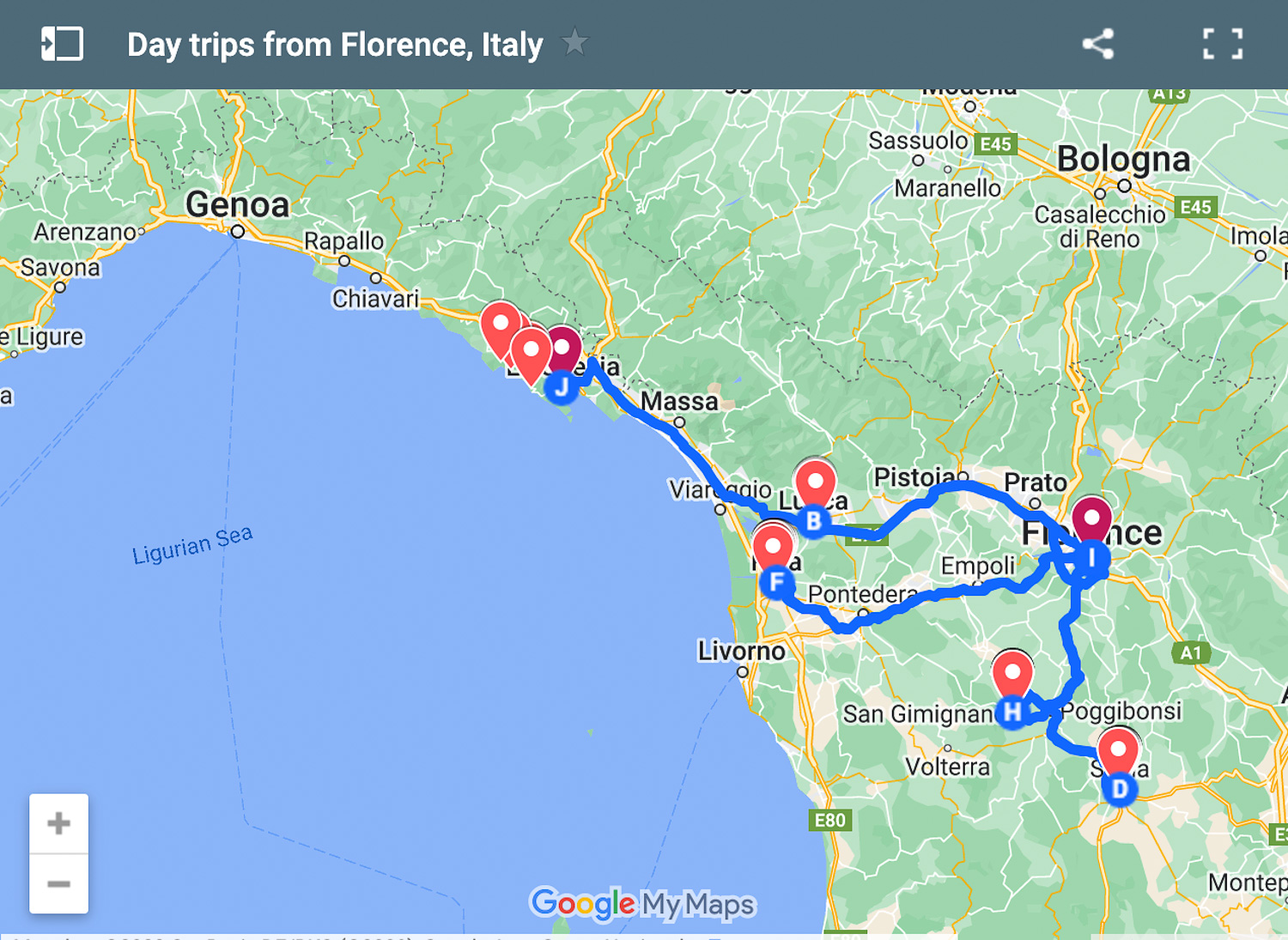 Map of Day Trips from Florence Photo Heatheronhertravels.com
