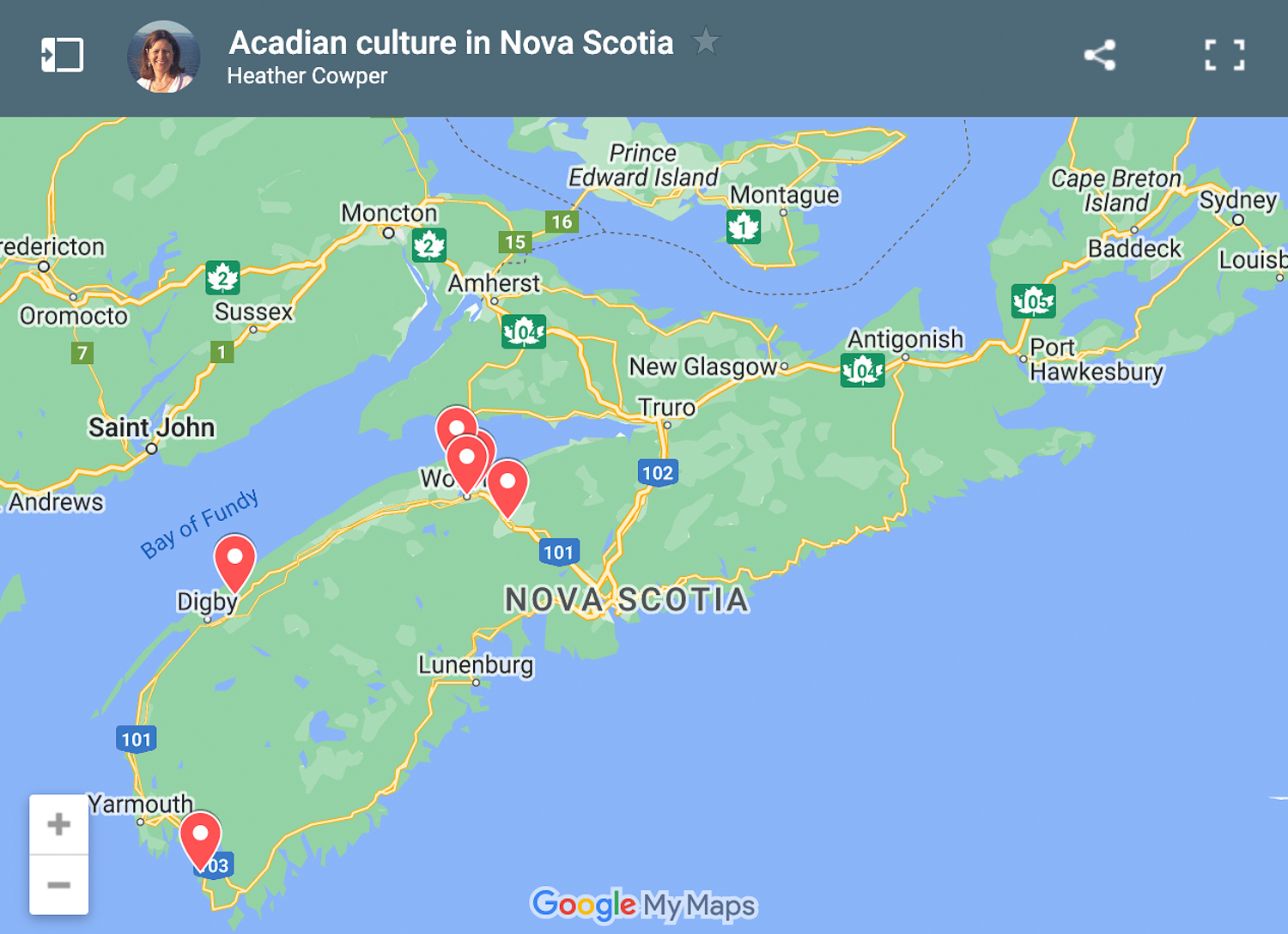 Map of Acadian Culture in Nova Scotia Photo Heatheronhertravels.com