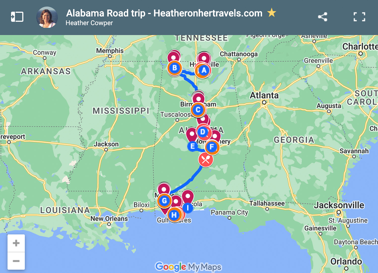 Map of Alabama Road Trip Photo Heatheronhertravels.com