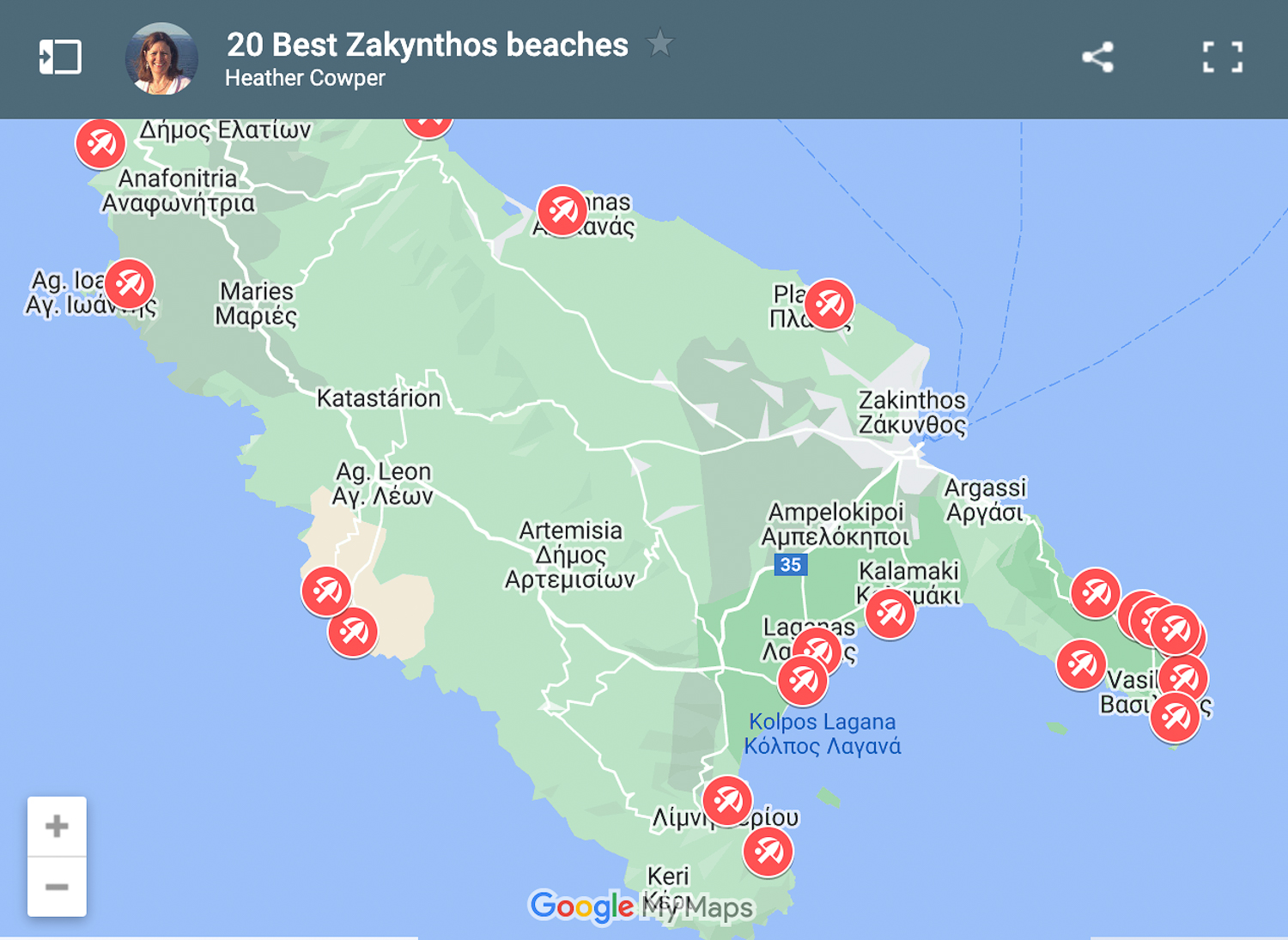 Map of Best Zakynthos beaches by Heatheronhertravels.com