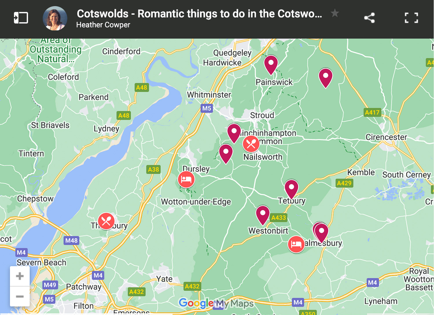 Map of Romantic things to do in the Cotswolds by Heatheronhertravels.com