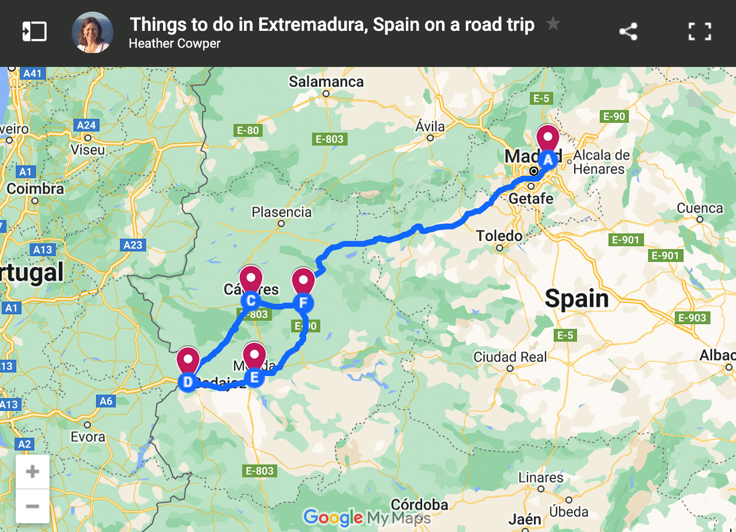 Map of road trip in Extremadura by Heatheronhertravels.com