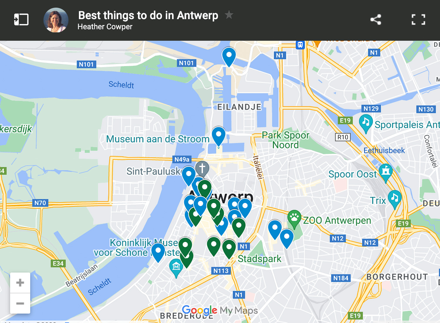 Map of things to do in Antwerp by Heatheronhertravels.com