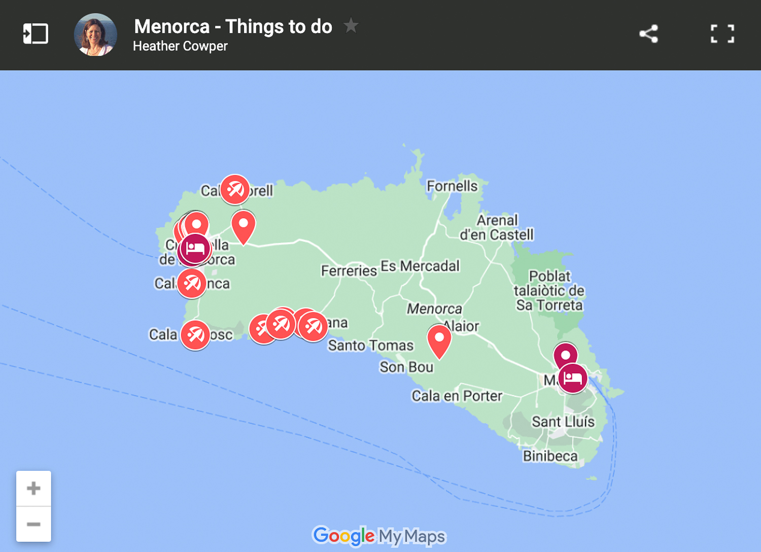 Map of things to do in Menorca by Heatheronhertravels.com