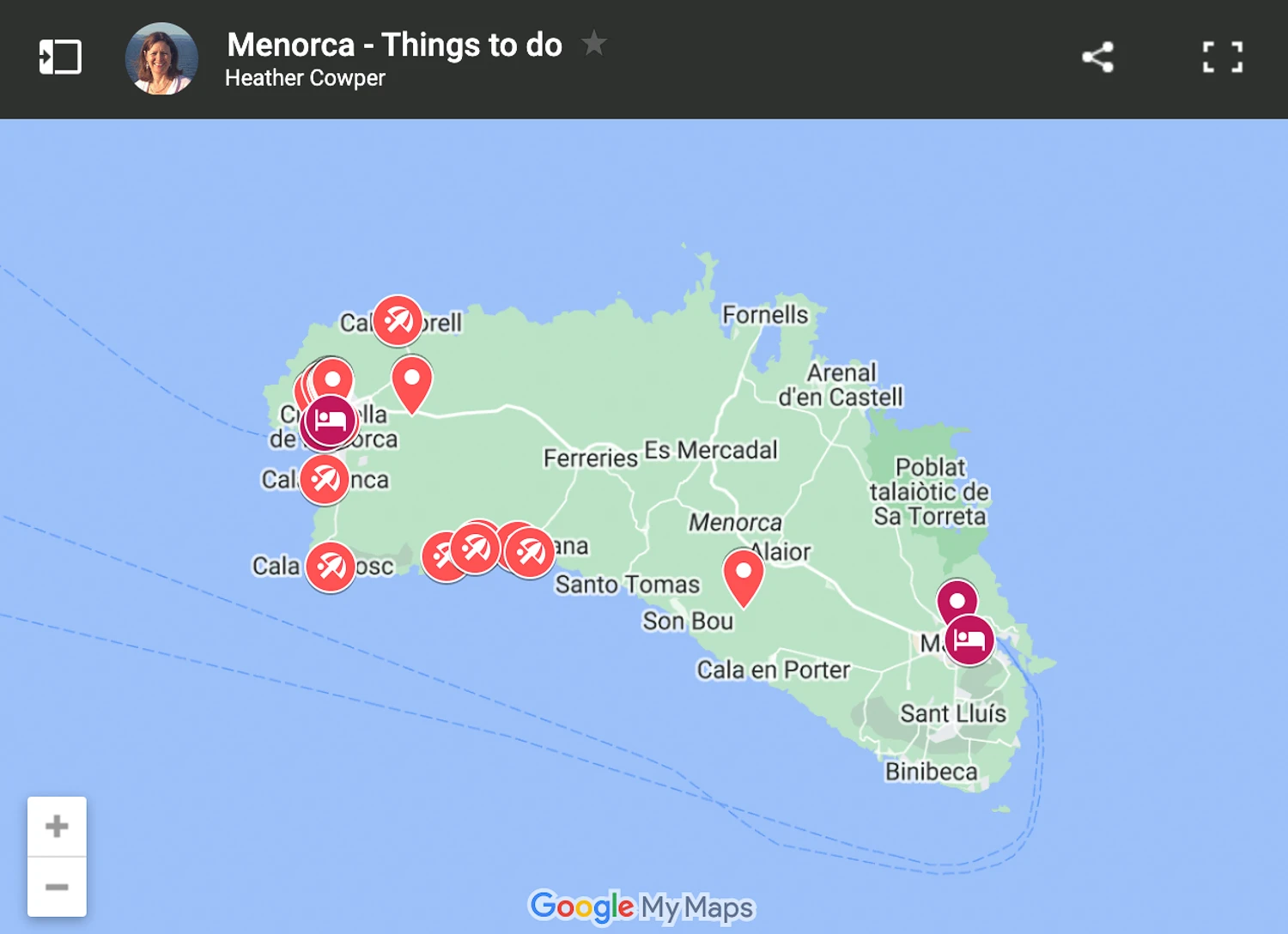 Map of things to do in Menorca by Heatheronhertravels.com