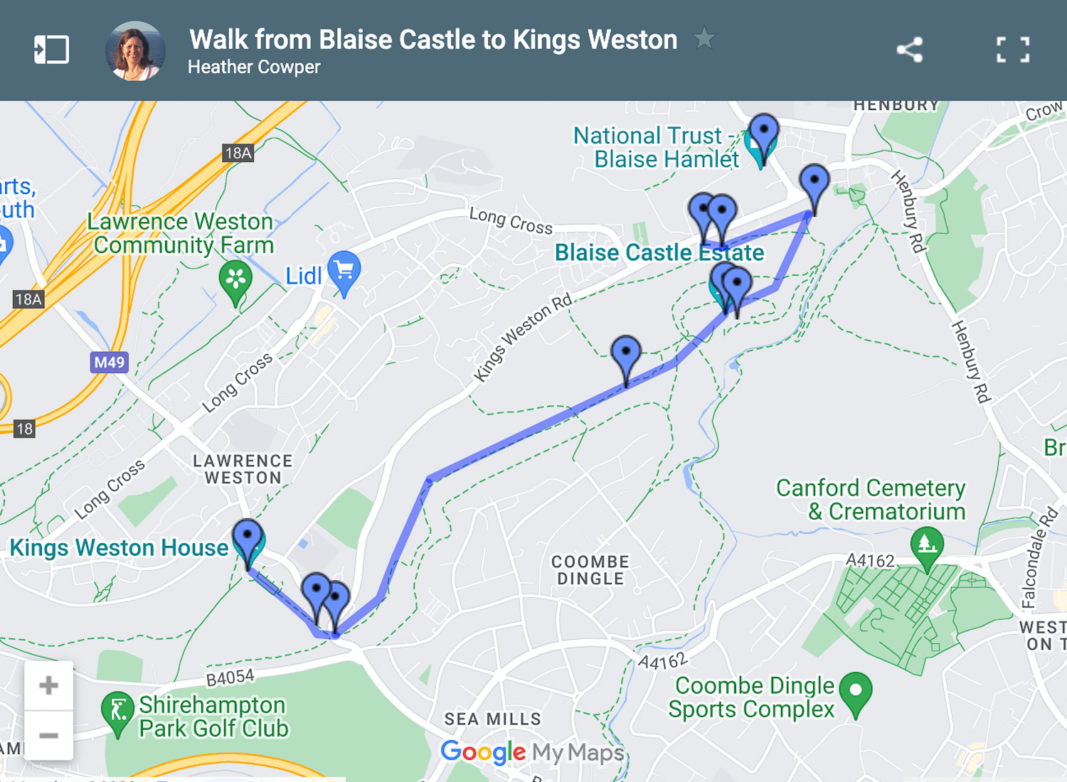 Map of walk from Blaise Castle to Kings Weston Bristol Photo Heatheronhertravels.com