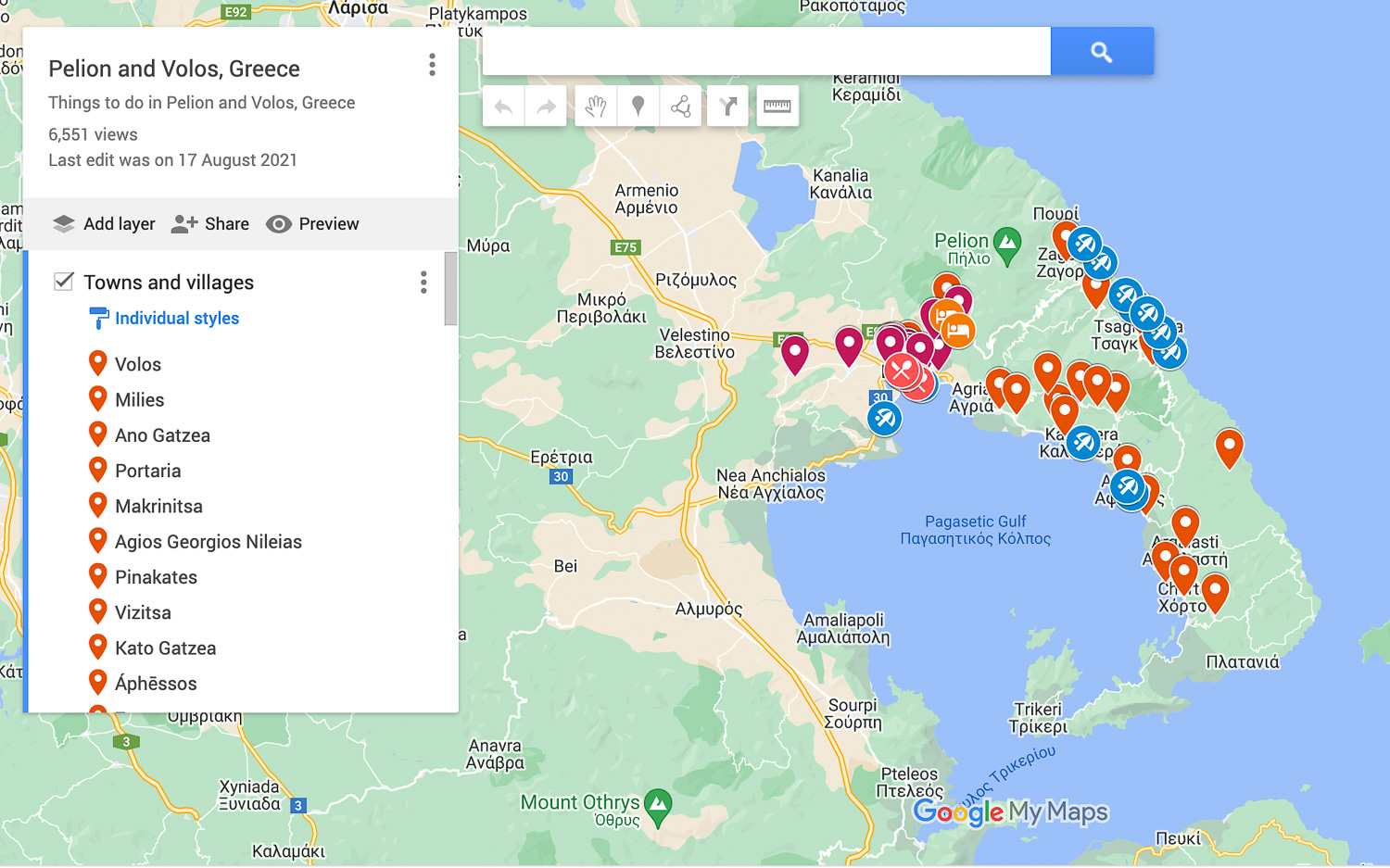 Map of Volos and the Pelion peninsula