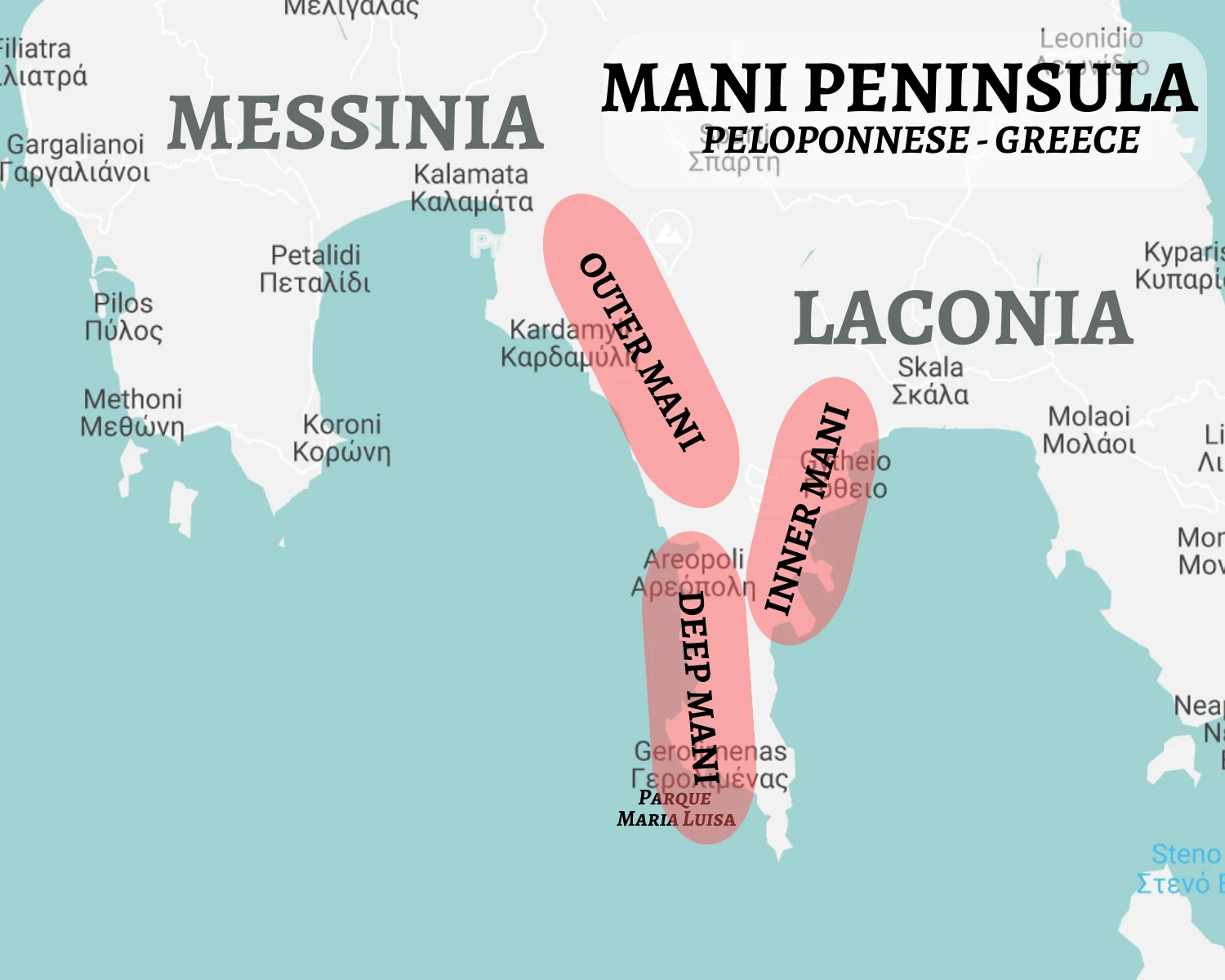 Map of Mani Peninsula - Peloponnese Greece by Heatheronhertravels.com