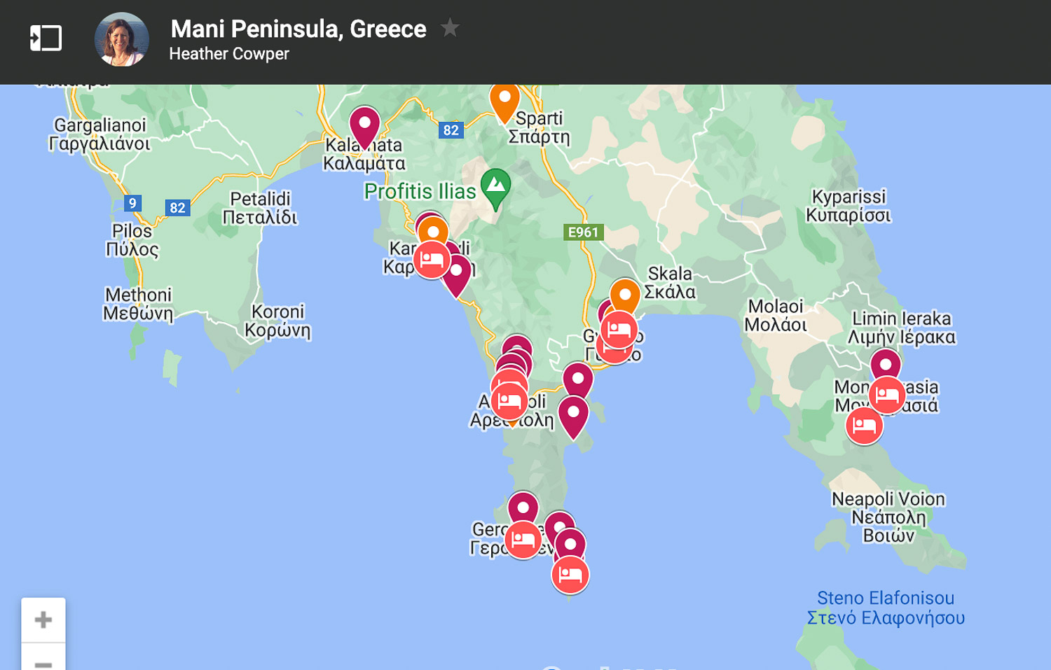 Map of Mani Peninsula Peloponnese Greece by Heatheronhertravels.com