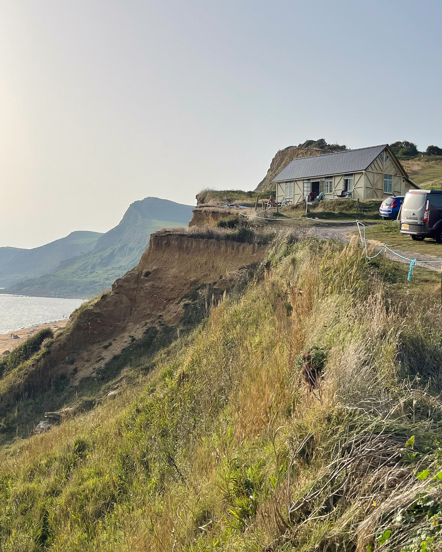 Hut on the cliff at Eype Beach Dorset Photo Heatheronhertravels.com