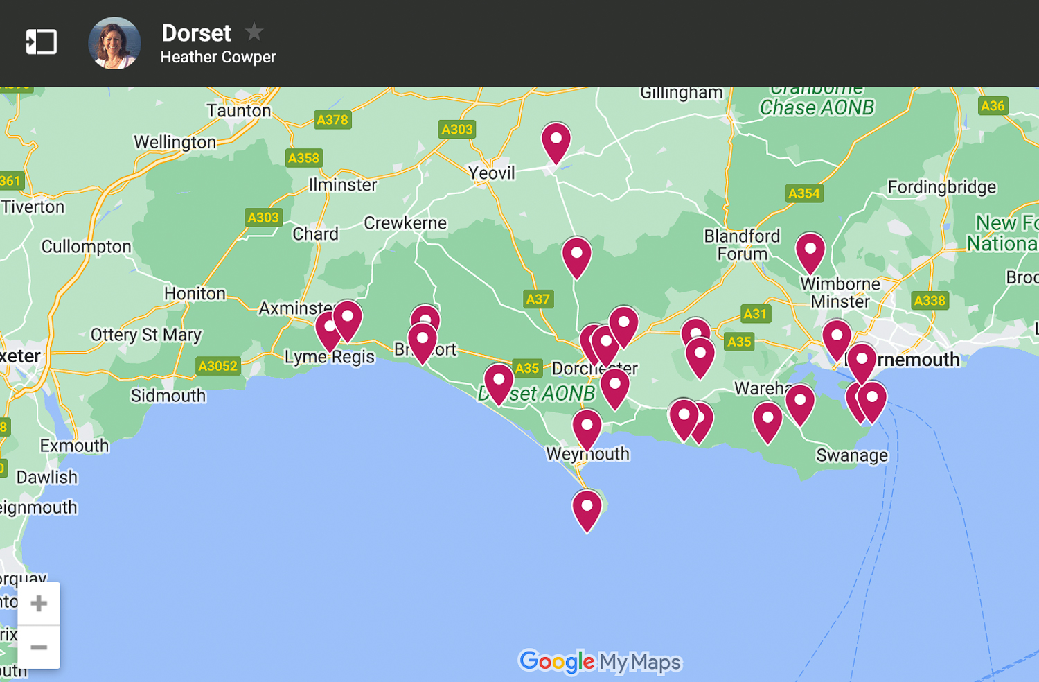 Map of things to do in Dorset by Heatheronhertravels.com