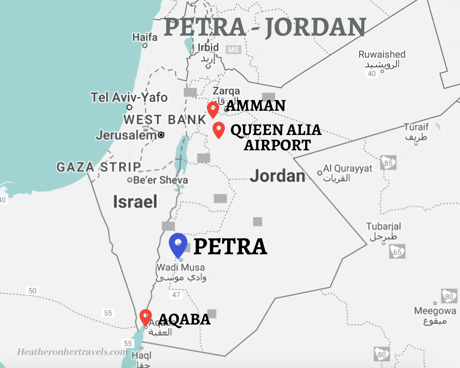 Map of Petra location in Jordan Heatheronhertravels.com